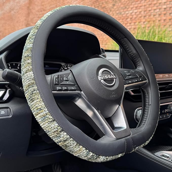PINCTROT D Shaped Chenille Leather Steering Wheel Cover, Soft Mottled Colors, Sweat-Proof, Non-Slip Grip, All-Season Comfort,