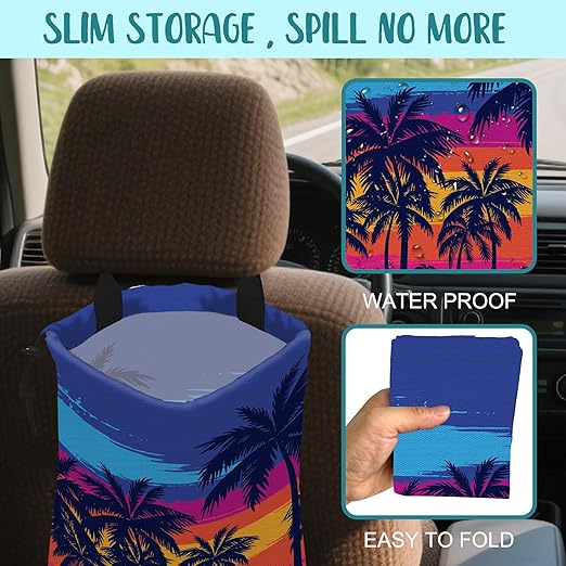 Car Garbage Bag Blue Palm Trees Orange Sunset Hanging Canvas Car Trash Bag Waterproof Drawstring Car Back Seat Organizer for Car Back Front Seat Console with Adjustable Buckle