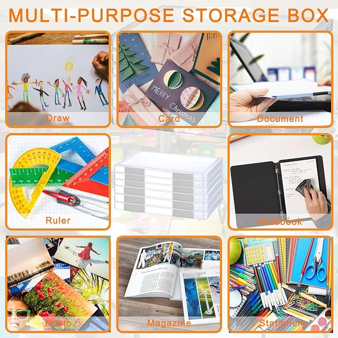 LonlyEagle 6 Pcs Clear A4 File Portable Project Case, Plastic Storage Box for 8.5" x 11" Letter Paper, Scrapbook Paper Storag