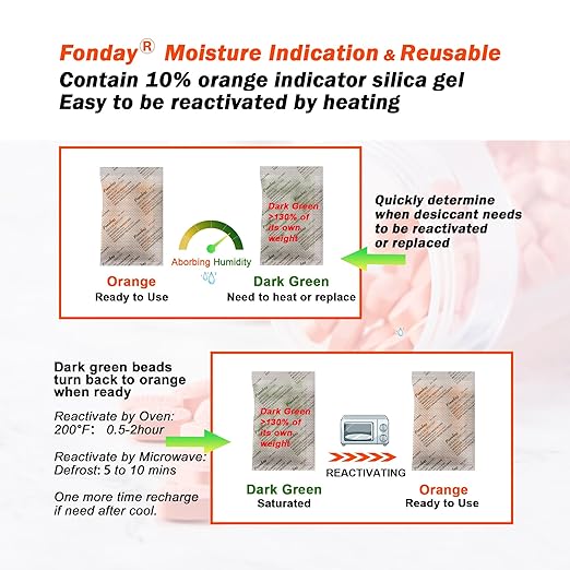 10g x 30 packs Fonday Rechargeable Silica Gel Desiccant Packets Fast Reactivate Desiccant Bags Moisture Indicating Orange to