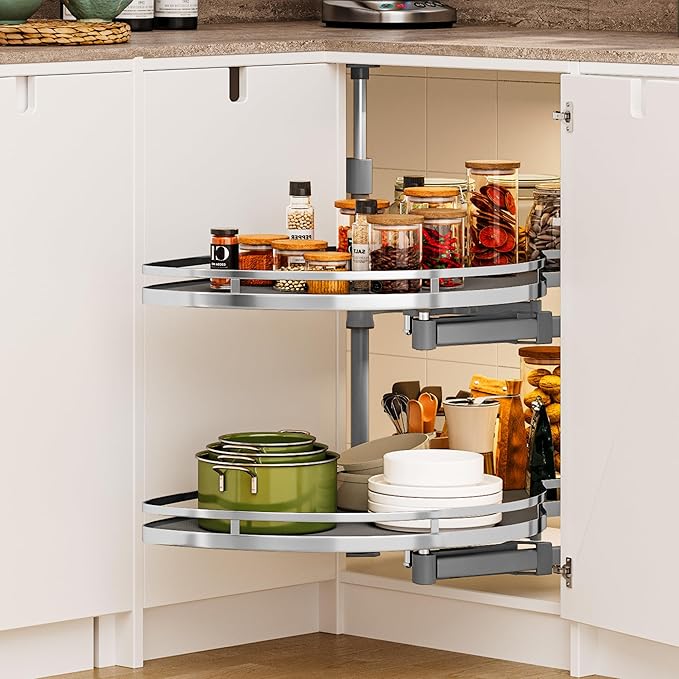 DWVO Corner Cabinet Pull-Out Organizer, 2-Tier Blind Corner Shelf with 270° Swing-Out Tray, Right Swing, Heavy-Duty Chrome Pl
