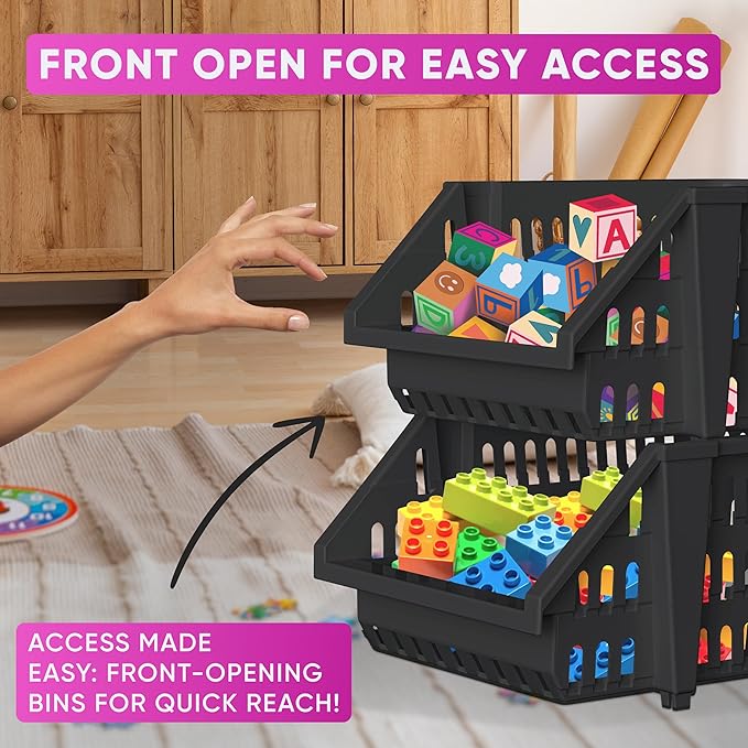 Skywin TidyFriend Small Stackable Storage Bins for Toy Organizer and Storage 4 Pack, Toy Storage Organizer for Kids Room and 