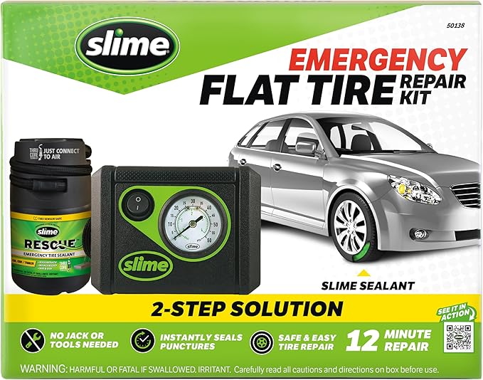 Slime 50138 Flat Tire Puncture Repair, Smart Spair Plus, Emergency Kit for Car Tires, Includes Sealant and Tire Inflator Pump