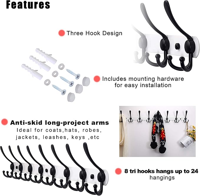 Dseap Coat Rack Wall Mount - 29.5” Long 8-Tri-Hooks Heavy Duty Coat Hanger Rail Wall Hooks for Hanging Coats Hats Clothing Cl
