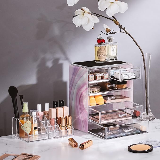 Sorbus Acrylic Makeup Organizer Set, 6-Drawer Vanity & Countertop Cosmetic Storage with Small & Wide Compartments, Tie Dye Ma
