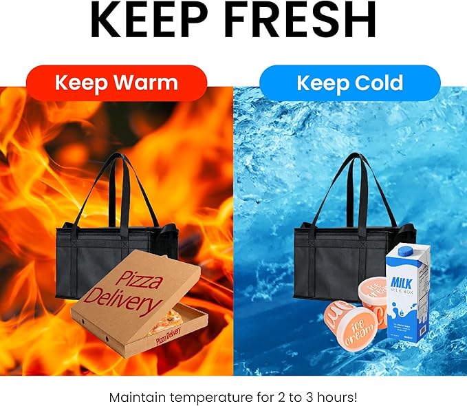 NZ home Insulated Bags for Food Delivery (Large) Grocery Shopping Cooler Bag, Pizza Delivery, Hot & Cold Catering Tote, Reusable, Foldable & Heavy Duty (Black)
