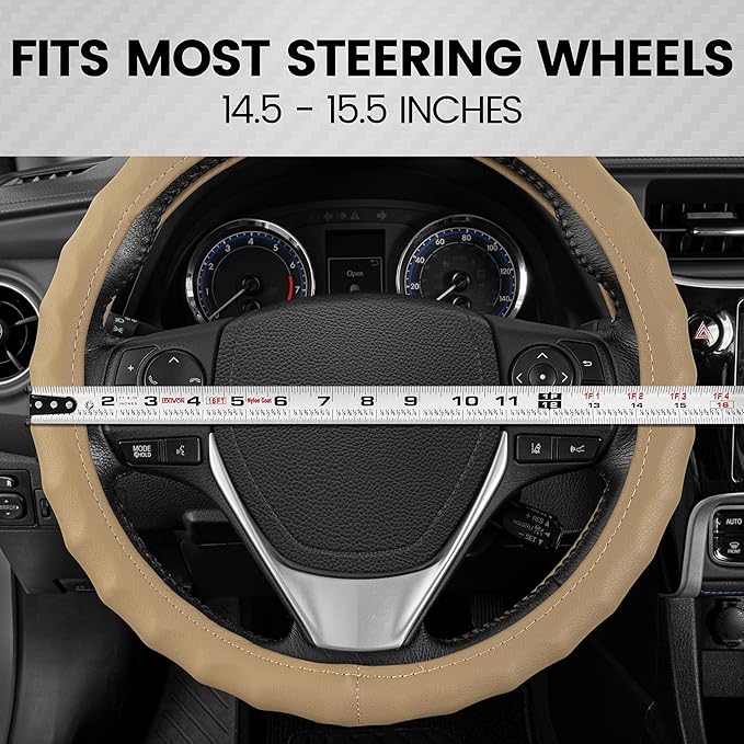 BDK Genuine Beige Leather Steering Wheel Cover for Car, Medium (14.5" - 15.5") – Ergonomic Comfort Grip for Men & Women, Univ