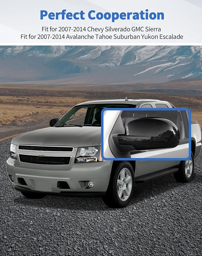 Rearview Mirror Fully Caps Covers Compatible with 2007-2014 Chevy Silverado GMC Sierra Avalanche Tahoe Suburban Yukon Escalade ESV Left Right Side View Mirror Cover Caps, Carbon Fiber