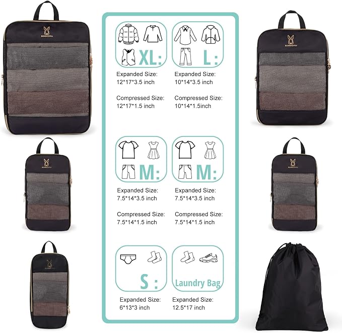 Compression Packing Cubes for Travel, Bunnychill Portable Zipper Packing Cube for Cloting, Expandable Space Saver Storage Lug
