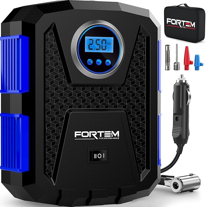 FORTEM Tire Inflator Portable Air Compressor, Air Pump for Car Tires and Bikes, Car Tire Pump w/Auto Shut Off, 150 PSI, 12V DC, LED Light, Carrying Case, for Men, Women