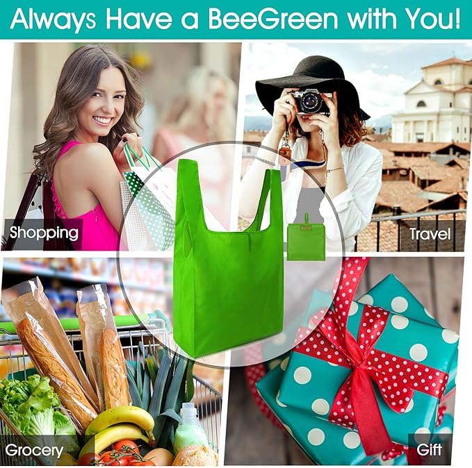 BeeGreen Christmas Green Reusable Grocery Bags Dark Green Reusable Kitchen Bags Bulk Foldable-Machine Washable with Zipper Storage Pouch 50 Packs