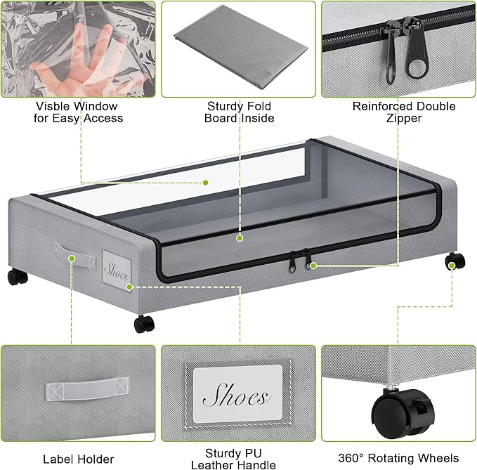 Under Bed Storage with Wheels, XXL 60L Under the Bed Storage Bins, Underbed Storage Containers with Lids & Label, Rolling Met