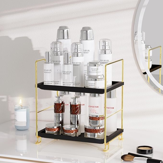 FSyueyun 2-Tier Bathroom Countertop Organizer, Tool-Less Installation Premium Plastics Makeup Shelf Organizer Perfume Skincar