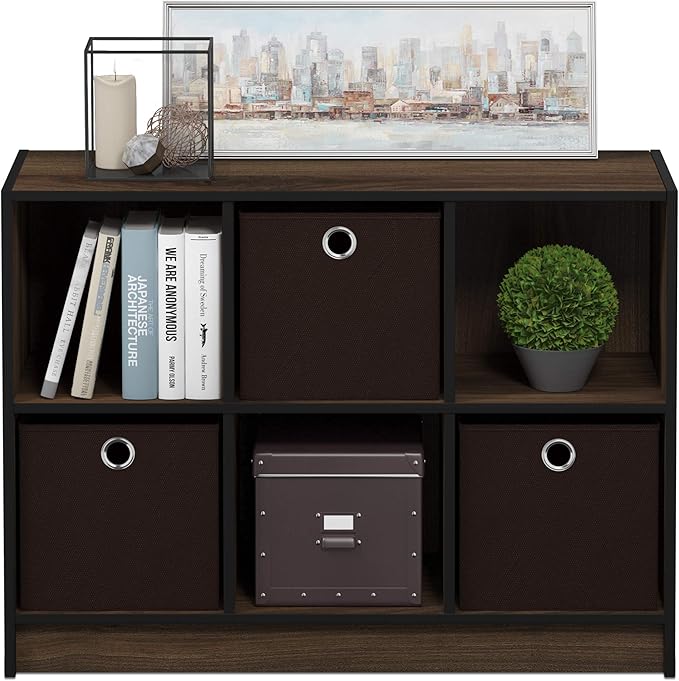 Furinno BASIC Book Shelf, 6-Cube Bookshelf with Open Shelf, 3 x 2 Bookcase with Storage Bins, Closed Back, Horizontal, 11.9 x