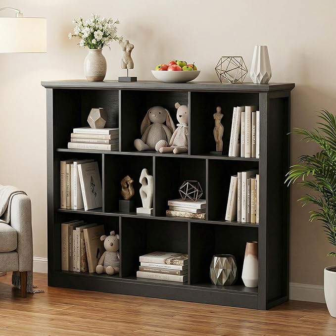 Unikito 10 Cube Storage Book Shelf - 50" Wide Wood Cube Storage Organizer, Wooden 3 Tiers Floor Standing Low Bookcase for Liv