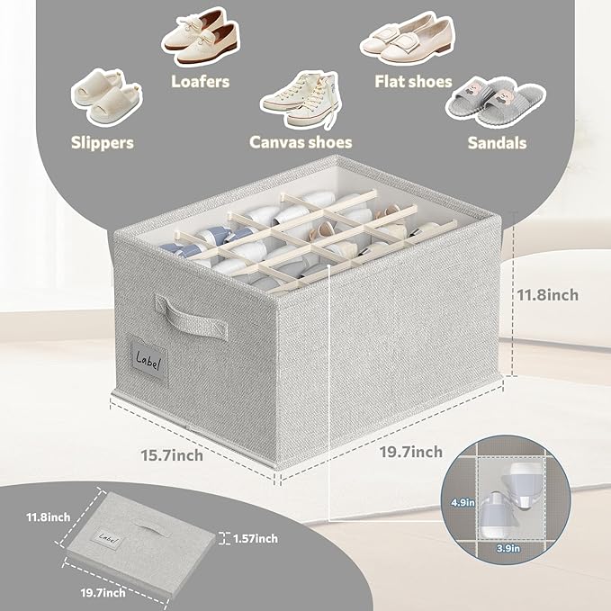 2 Pack Shoe Organizer for Closet, Fits 16-32 Pairs Fabric Shoe Storage Bins Large Shoe Box Storage Containers with Bottom Sup