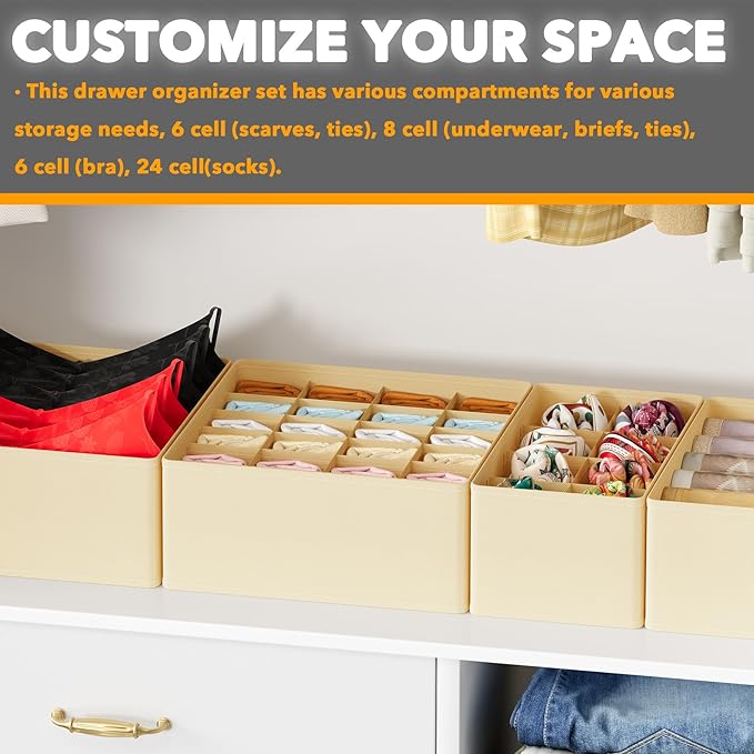 SpaceAid Underwear Drawer Organizer, 4 Pack Dresser Organizer Bins for Nursery, Closet Organization and Storage with Dividers