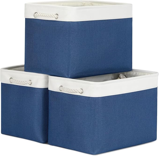 Bidtakay Large Storage Baskets for Shelves 3 Pack Fabric Storage Bins for Organizing Navy Blue Decorative Baskets Linen Colla