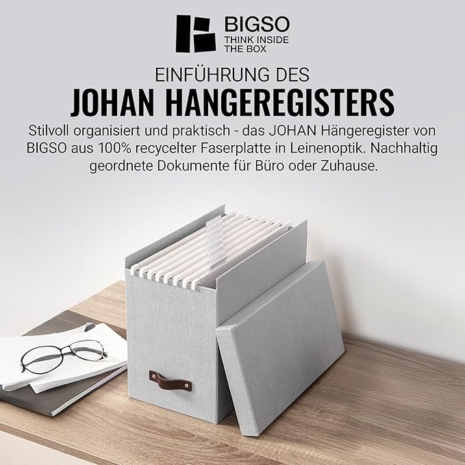 Bigso Box of Sweden File Organiser Storage - Stylish Organiser Box Including 8 Hanging Files - Container for Folders Made of 