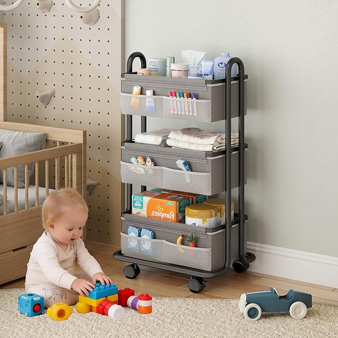 3-Tier Baby Diaper Caddy Organizer Cart, Mobile Nursery Storage Carts with Wheels, 3 Dividers & 6 Mesh Pockets Durable Metal 
