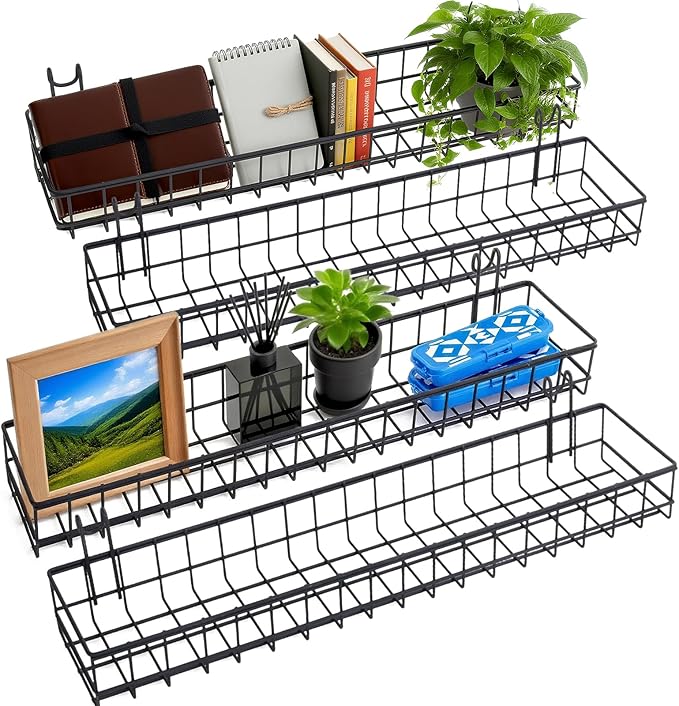 4 Pcs Metal Grid Wall Baskets with Hooks, Hanging Wire Basket Wall Mount Storage Organize for Kitchen, Bathroom, Office (Blac