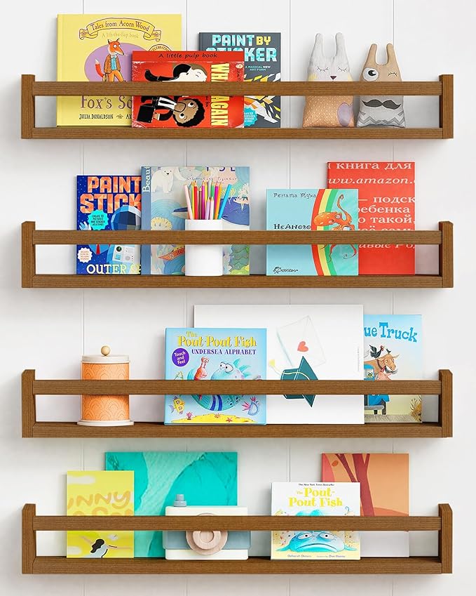 Forbena 24 Inch Wooden Floating Nursery Book Shelves for Wall, Walnut Nursery Bookshelf Wall Mounted for Kids Bedroom, Large 