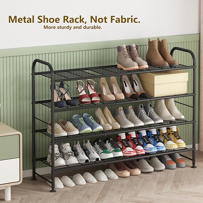 LINZINAR Shoe Rack Long 4 Tier Shoe Storage Organizer Metal Wide Shoe Shelf for Closet Entryway Bedroom 24 Paris Large Capaci