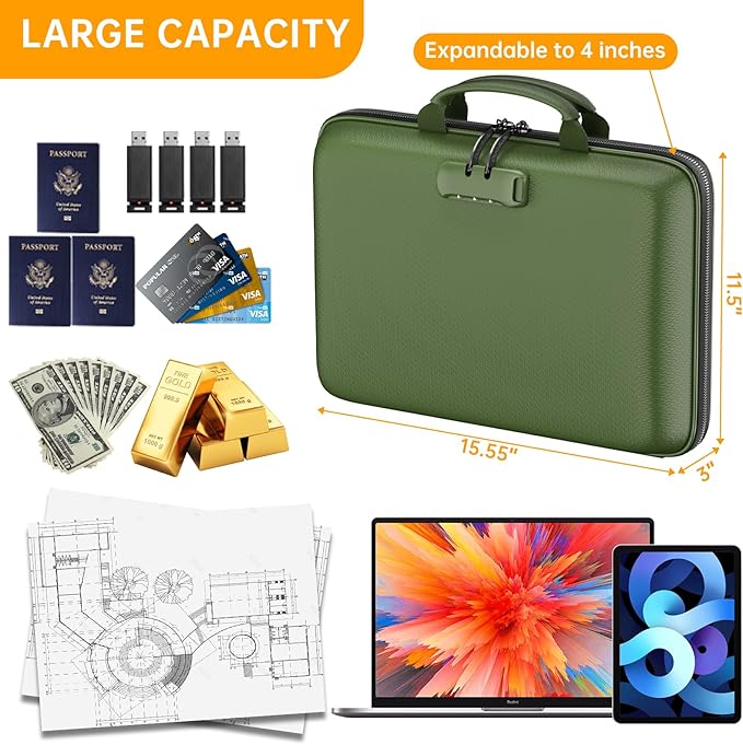 DocSafe Fireproof File Organizer with Lock, Hard-Shell Case Fireproof Document Box with 13 Pocket Accordion File Folder, Port