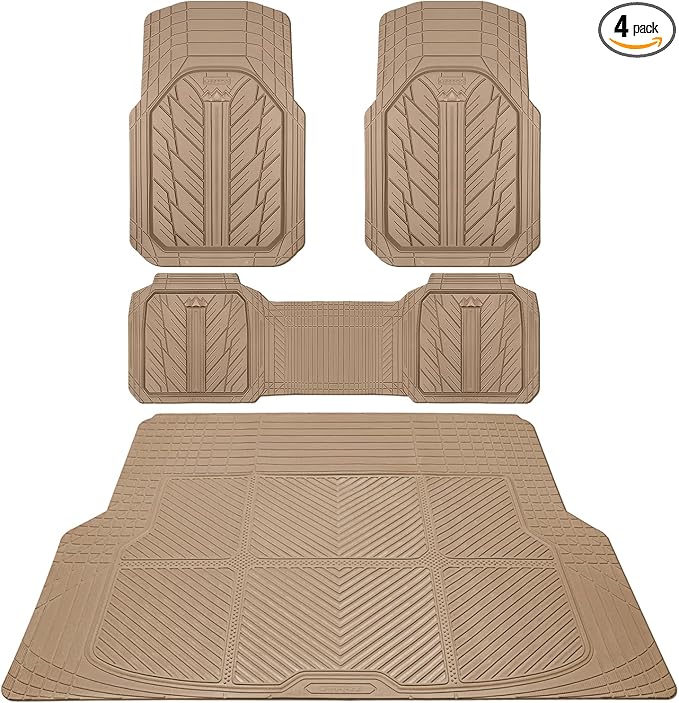 CAR PASS Floor Mats for Cars M-L Size, Heavy Duty Rubber Floor Mats with Trunk Cargo Liner, Universal Trim-to Fit Automotive Floor mats for Truck Van SUV Waterproof All Weather Car Mats All Beige