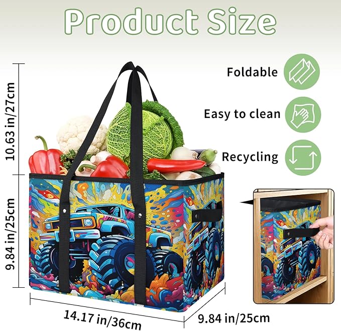 Reusable Grocery Bags Heavy Duty Shopping Bags Foldable Large Tote Bags with Long Handles & Hard Bottom