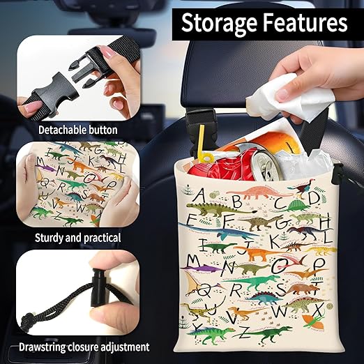 Car Trash Bag Large Hanging Can for Back of Seat, Cute Waterproof Car Garbage Bag for Vehicle, Travelling, Outdoor Cute Alphabet Dinosaur