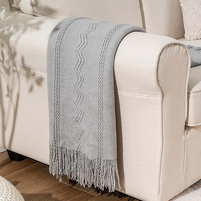 BATTILO HOME Light Grey Throw Blanket for Couch, Geometric Grey Bed Throws Decorative Boho Blanket for Sofa Living Room, 50"x