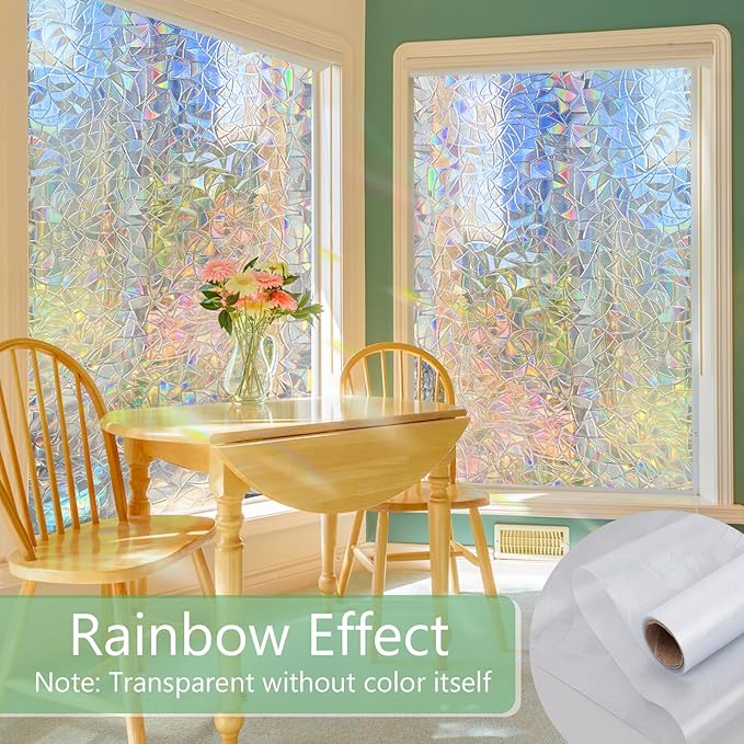 HIDBEA Window Privacy Film Static Clings, Rainbow Window Film, 3D Decals Non-Adhesive Window Vinyl Film for Home Door, 29.5 Inch x 13.1 Feet