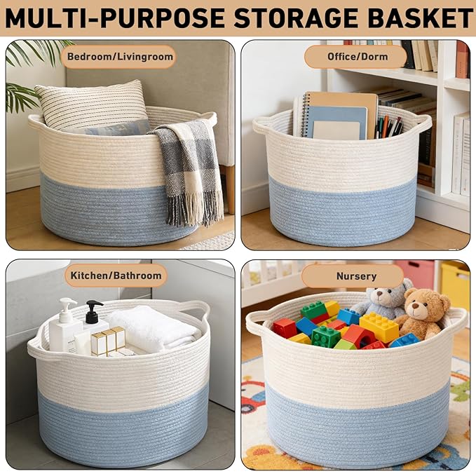 115L Extra Large Woven Cotton Rope Blanket Basket with Handles, Laundry Hamper Storage Bin for Pillows, Comforters,Clothes, T