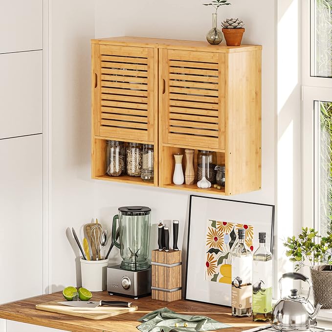 VIAGDO Bathroom Wall Cabinet, Wooden Medicine Cabinet with Single Door and Adjustable Inner Shelf, Bamboo Storage Cabinet Wal