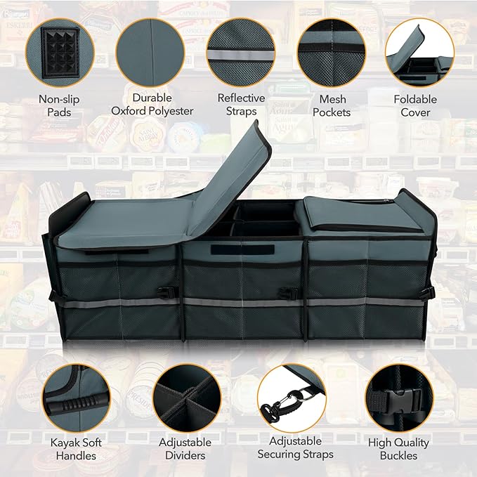 HEYTRIP Large Trunk Organizer With Built-in Leakproof Cooler Bag, 2 Tie-Down Straps, 4 Removable Dividers, Foldable Cover, Buil