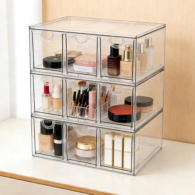 Prsildan Acrylic Makeup Organizer, 3 Pack Stackable Storage Drawers with 9 Drawers for Office Desk Vanity Craft Room Clear Dr