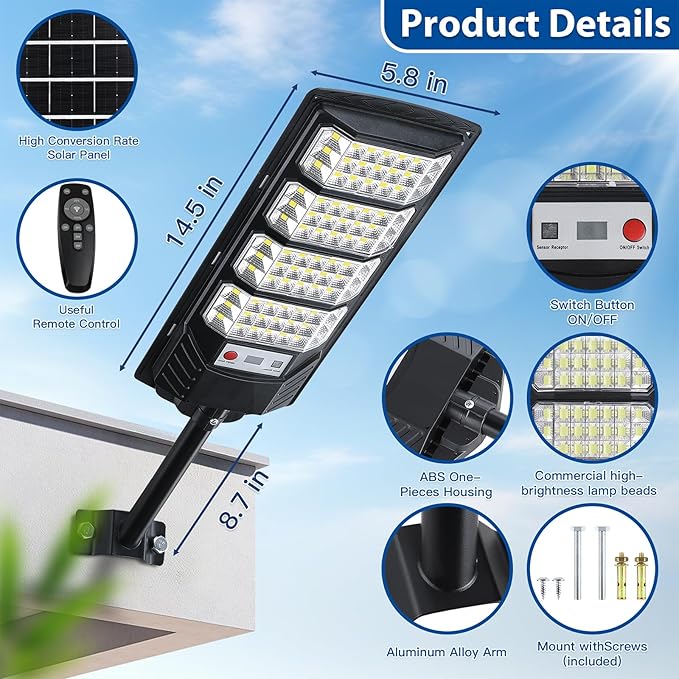 4 Pack Solar Street Lights Outdoor Waterproof, 6500K LED Motion Sensor Lights, Dusk to Dawn Solar Flood Lights with Remote,Parking Lot Light,Commercial Area Lighting for Outside