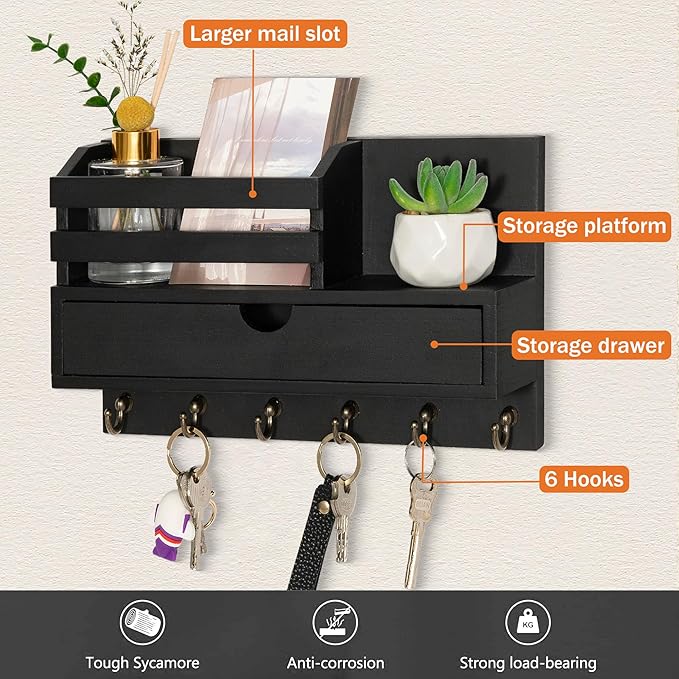 dreampossible Key and Mail Holder for Wall, Mail Organizer Wall Mount with 6 Hooks and Storage Drawer, Wooden Key Rack Hanger