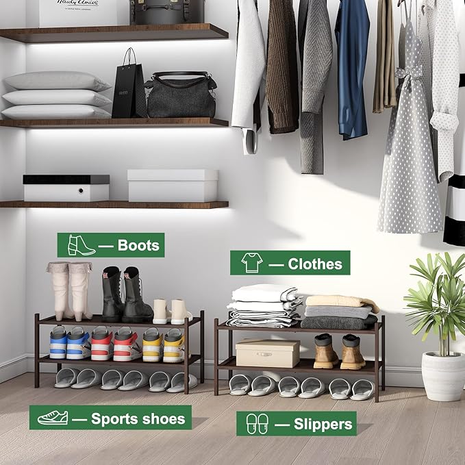 kiplant Bamboo Shoe Rack for Entryway, 2-Tier Stackable | Foldable | Natural, Shoe Organizer for Hallway Closet, Free Standin