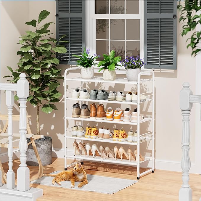 SUFAUY 33" Wide Shoe Rack, 5 Tier Shoe Organizer Mesh Free Standing Shoe Storage Shelf for Closet, White
