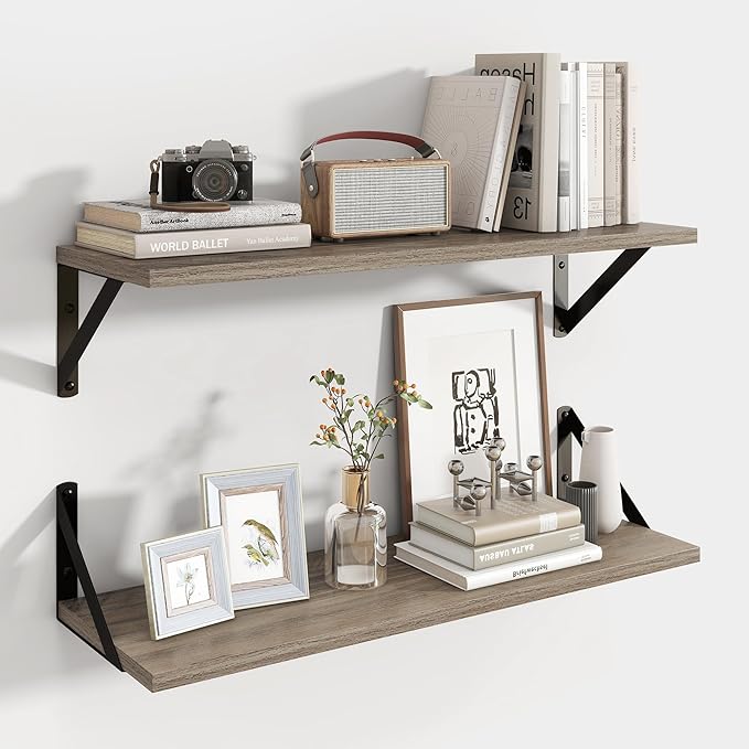 Axeman Floating Shelves for Wall 24 Inch | 24W x 8D Rustic Grey Floating Shelves Set of 2 | 8 Inch Deep Wall Shelves for Bath