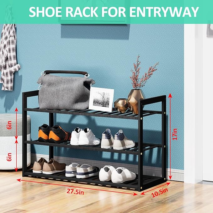 Jripae Bamboo Shoe Rack for Entryway, Stackable 3 Tier Shoe Organizer Shelf Storage 9-12 Pairs Shoes Stand Cubby for Closet D