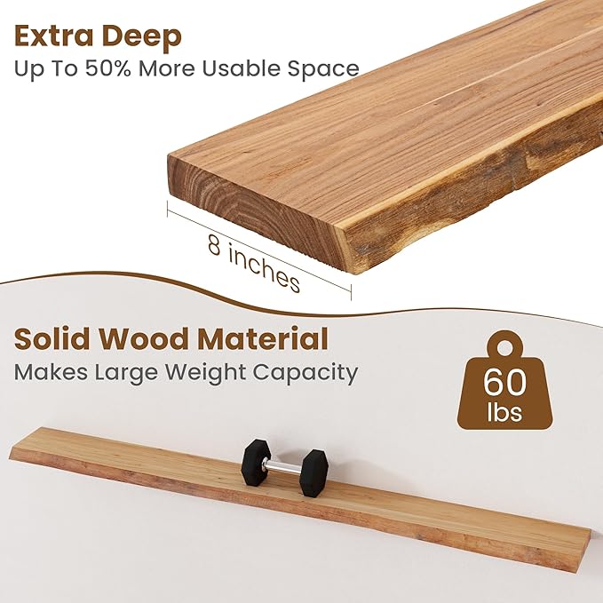 Floating Shelves for Wall Decor, Rustic Solid Elm Wood Live Edge Floating Shelves Wall Mounted, Wall Shelves with Invisible B