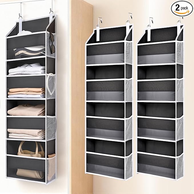 ULG 2 Pack Small Over Door Organizer with 4 Large Pockets 8 Mesh Side Pockets, Hanging Storage Organizer with Clear Window Ki
