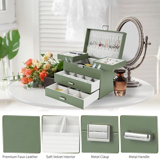 Dajasan Jewelry Organizer Box, Large Jewelry Boxes for Women Girls, Space-Saving 4 Layers Jewelry Storage Case with Drawer, M