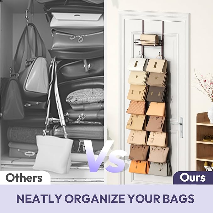 SWTYMIKI Over The Door Purse Organizer - Wall Mounted Handbag Organizer with 16 Hooks and Metal Basket, Hanging Purse Storage