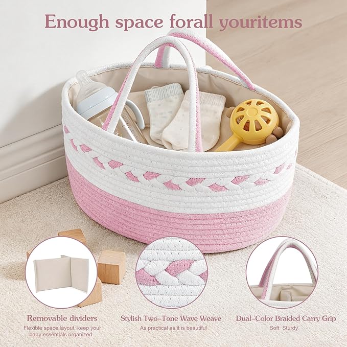 Diaper caddy Organizer, Cotton Rope Gift Basket with Removable Divider, Nursery Storage Organizer for Baby Essentials, Changi