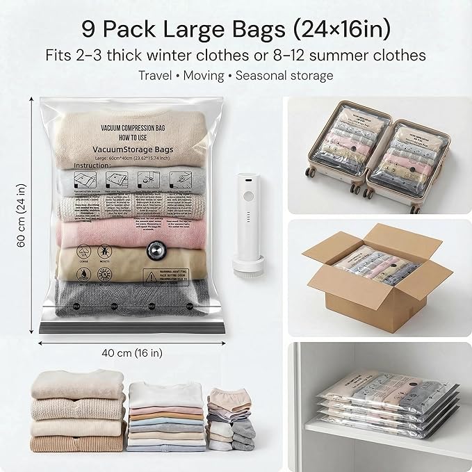 Vacuum Seal Bags for Clothing: 9 Pack Small Travel Vacuum Bags for Luggage with Rechargeable Electric Pump - Space Saver for 
