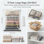 Vacuum Seal Bags for Clothing: 9 Pack Small Travel Vacuum Bags for Luggage with Rechargeable Electric Pump - Space Saver for 